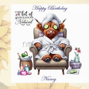 Tarjeta de cumpleaños de vaca de las Tierras Altas - PERSONALIZADA - Día de spa - Vaca de autocuidado - Vaca relajante - Terapia - Cumpleaños femenino - Sauna - Granja de salud - Bienestar - Cumpleaños de broma