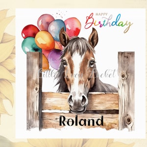 PFERD Geburtstagskarte-PERSONALISIERT-Peeking Pferdekarte-Aquarell Pferd-Bunte Luftballons-Peeking Over Tor-Unisex Pferdegeburtstagskarte-Pferd