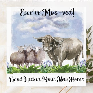 Carte maison neuve - Carte déménageur - Brebis voguant dans une nouvelle maison - Vache et mouton Carte maison neuve - Carte maison neuve rurale - Bienvenue dans votre nouvelle maison - Bonne chance
