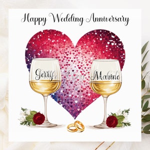 結婚記念日カード - パーソナライズ - プリントされたグリッターの赤いハート - バラの付いたワイングラス - 記念日カード - 結婚記念日 - カップルカード