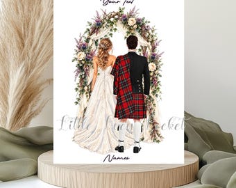 May include: A wedding illustration featuring a person in a white lace gown and a person in a black jacket and red tartan kilt standing under a floral arch. The text "4 Design Choices", "Your Text", "Little Lucy Locket", and "Names" are visible.
