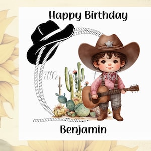 COWBOY Geburtstagskarte-PERSONALISIERT-Kleiner Junge-Western-Style-Seil/Kaktus-Aquarell-Junge spielt Gitarre-Tween-Lad-Kind-Rodeo-Kakteen