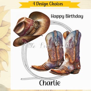 Tarjeta de cumpleaños con sombrero y botas de vaquero, personalizada, estilo occidental, imagen en acuarela, tarjeta de vaquero del salvaje oeste para él, tarjeta con nombre, 4 opciones