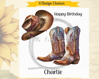 COWBOY BOOTS & Hat Birthday Card-PERSONALISED-Western-Style Birthday-Watercolour Image-Wild West Cowboy Card for Him-Named Card-4 Choices