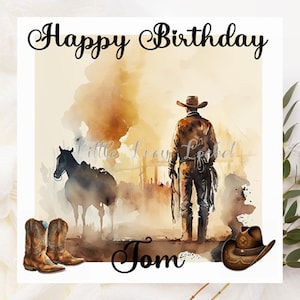 Cowboy Birthday Card-PERSONALISED-Western-Style Birthday Card-COWBOY with Boots & Hat-Muted Watercolour Image-Wild West Card for Him-Horse