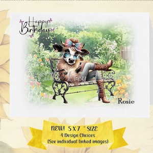 COW Birthday Card-PERSONALISED-4 Design Choices-Comedy Cow-Clothed Cow Card-Funny Cow Birthday Card-Garden Theme Card-Animal-Fun Birthday