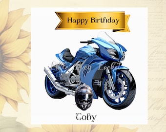 Personalized Motorbike Birthday Card: Detailed Motorcycle with Helmet