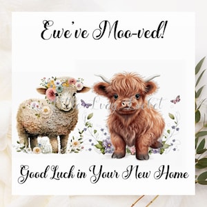 Carte MAISON NEUVE - Carte de bienvenue dans votre nouvelle maison - Carte de déménagement brebis - Carte de déménagement vache et mouton - Carte de déménagement animaux de la ferme amusante - Carte de pendaison de crémaillère