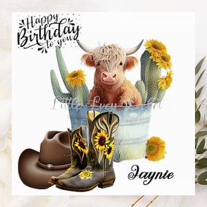 Carte d'anniversaire personnalisée VACHE dans la baignoire, tournesol, bottes de cow-girl, chapeau, danseuse en ligne, carte d'anniversaire tournesols, style occidental, carte d'anniversaire Cactus