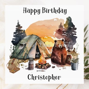 Tarjeta de cumpleaños de oso CAMPING - Personalizada - Cumpleaños de HOMBRE - Oso de PESCA/Camping - Imagen de acuarela - Tarjeta de cumpleaños de animal - Cumpleaños de camping - Aire libre