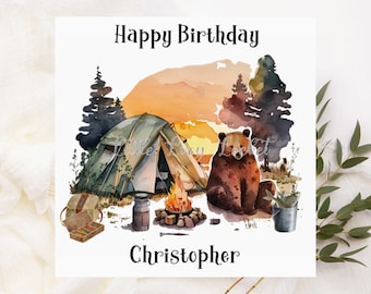 CAMPING Bear Birthday Card-Personalised-MALE Birthday-FISHING/Camping Bear-Watercolour Image-Animal Birthday Card-Camping Birthday-Outdoors