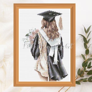 KRUISTEEKsteekkaart-afstuderen meisje met bloemen-alleen kaart-afgestudeerde x-steekkaart-leerling kruissteek-gefeliciteerd-studie x-steek