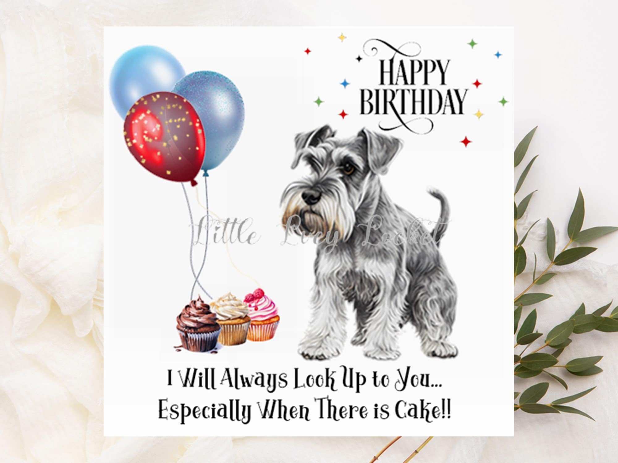 SCHNAUZER Birthday Card-Card for Dog Lover-MINIATURE Schnauzer Card-Dog  Themed Birthday Card-Schnauzer with Balloons-Mini Schnauzer Card, image size:2000x1500