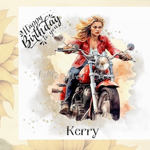Tarjeta de motociclista femenina - PERSONALIZADA - Imagen detallada - Revestimiento de cuero rojo - Estampado con purpurina dorada - Tarjeta de cumpleaños para motociclista - Cumpleaños femenino