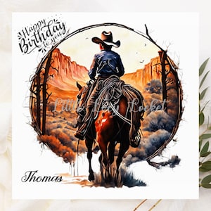 Cowboy Birthday Card-PERSONALISED-Western-Style Birthday Card-COWBOY on Horseback-Muted Watercolour Image-Wild West Card for Him-Horse Card