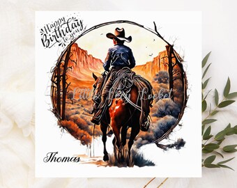 Carte d'anniversaire cowboy-personnalisée-style carte d'anniversaire-COWBOY à cheval en sourdine aquarelle image-Wild West carte pour lui-cheval