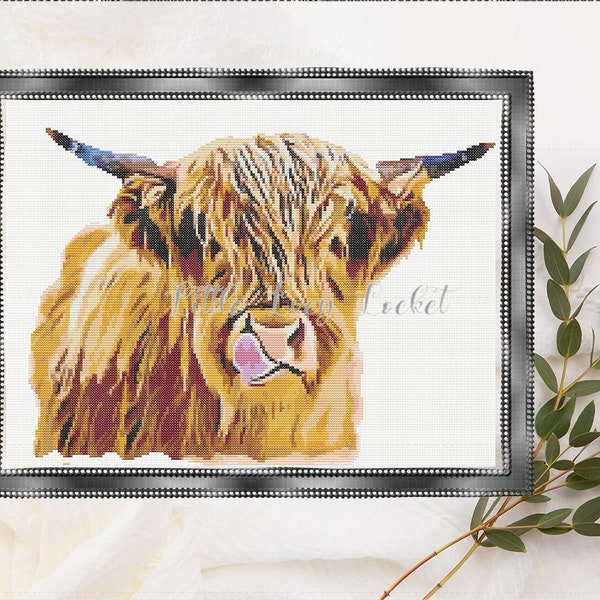 Counted CROSS STITCH Chart - PDF - Highland Cow - Chart Only - Black/White & Colour Charts Provided - 200x149 Stitches - Full Floss List