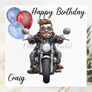 BIKER Geburtstagskarte-PERSONALISIERT-Fun Biker Geburtstagskarte mit Luftballons-BIKING Geburtstagskarte für Ihn-männliche Geburtstags-Motorrad-Geburtstagskarte