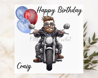 BIKER Birthday Card-PERSONALISED-Fun Biker Birthday Card with Balloons-BIKING Birthday Card for Him-Male Birthday-Motorbike Birthday Card
