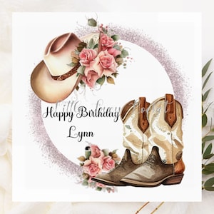 Botas y sombrero de VAQUERA - Tarjeta de cumpleaños personalizada de vaquera - Tarjeta de cumpleaños de baile en línea - Cumpleaños de vaquera - Bailarina de línea - Sombrero de vaquera - Sombrero/botas color crema
