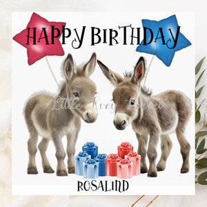 Tarjeta de cumpleaños personalizada - BURROS con regalos Tarjeta de cumpleaños - Burros de acuarela - Tarjeta de cumpleaños de burro - Regalos y globos - Tarjeta de cumpleaños de animales