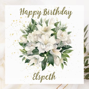 Tarjeta de cumpleaños con ramo de lirios - PERSONALIZADA - Tarjeta de cumpleaños floral - Ramo de lirios en acuarela con fondo de purpurina impreso - Tarjeta con flores
