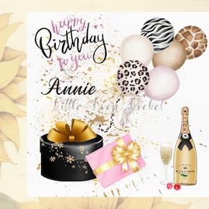 Personalisierte Geburtstagskarte-Hochwertige Geschenke-ANIMAL Print Luftballons & Champagner-GLAM Geburtstagskarte-Leoparden Print-Pink und Gold-Karte für Sie