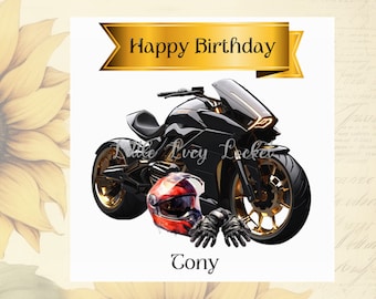 BIKER Birthday Card-PERSONALISED-Detailed BLACK Motorbike-Red Helmet & Gloves-Male Birthday-Biker Card-Motorbike Birthday Card-Motorcycle