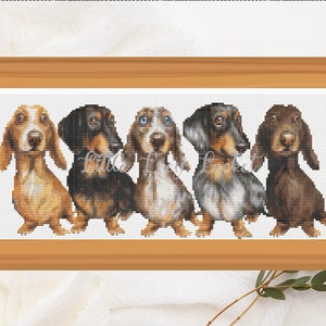 Counted CROSS STITCH Chart - PDF - Row of Dachshunds-Chart Only - Black/White & Colour Charts Provided - 200x79 Stitches - Full Floss List