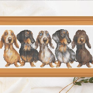 Counted CROSS STITCH Chart - PDF - Row of Dachshunds-Chart Only - Black/White & Colour Charts Provided - 200x79 Stitches - Full Floss List