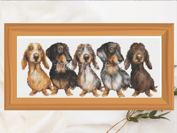 ダックスフンドのクロスステッチ図案 – ソーセージ犬の列（PDFパターン