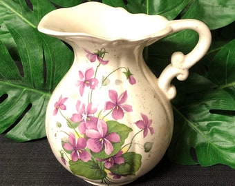 Vintage Hand Painted Flowered Pitcher <> 6” Tall X 5” Wide <> Purple Flowers Green Leaves <> 1960s <> EXCELLENT CONDITION