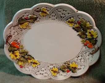 Vintage Ceramic Platter <> Pottery <> Yellow/Green/Orange Embossed Leaves <> Mid Century Modern <> Large 14 X 12 <> 1960 <> MINT CONDITION