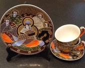 Vintage Satsuma Moriage Cups 2 Cups 1 Saucer 1 Plate by Kutani Hand Painted Madonna with Immortals 1940 39 s EXCELLENT CONDITION