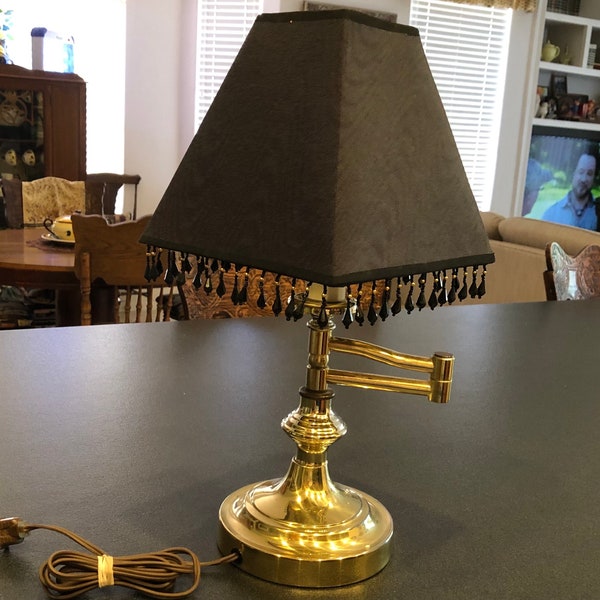 Vintage Brass Swivel Swing Arm Desk Lamp <> Black Shade <> 17” Tall <> 1970s <> Mid Century Modern <> EXCELLENT CONDITION