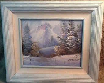 Vintage Snow Scene Landscape Oil Painting <> 8" X 10" Oil on Canvas <> Blue & White Tones <> 1960's <> EXCELLENT CONDITION