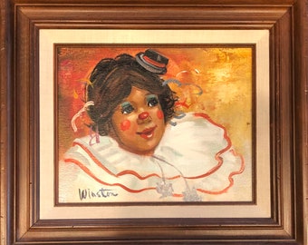 Vintage Winston Orig. Oil Painting <> Home Galleries <> Framed Happy Clown On Canvas <> Signed by Artist <> 1970s <> EXCELLENT CONDITION