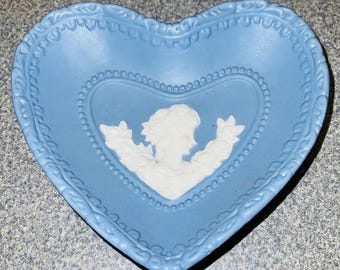 Vintage Blue Wedgwood Jasperware Cameo Heart Trinket Dish • 1960s • Beads Roses Plate • Mid Century