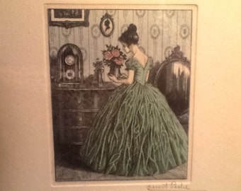 Vintage Victorian Lady Print <> Lady in Green Dress <> Austria <> Signed <> 6 1/2" X 8 1/2" <> 1950s <> EXCELLENT CONDITION