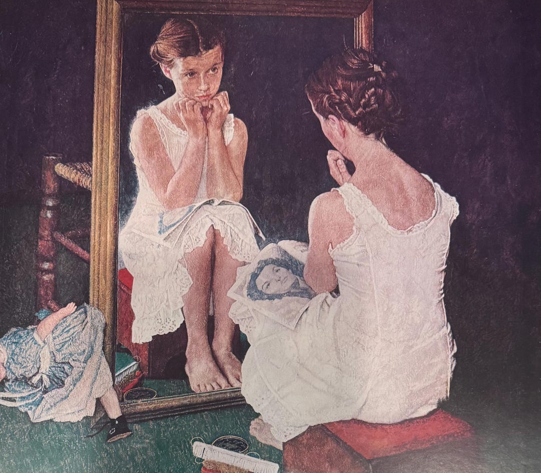 Vintage Norman Rockwell Girl at the Mirror Print Wall Art Oak 1” Frame ...