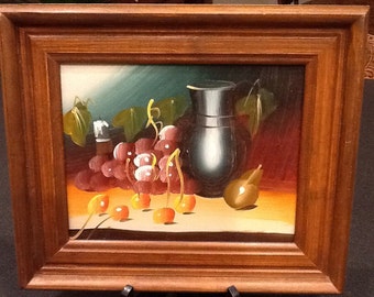 Vintage Still Life Oil Painting <> Fruit/Pitcher <> Oil On Canvas Board <> 8"x10"<> Framed <> 1960 Mid Century Modern <> EXCELLENT CONDITION