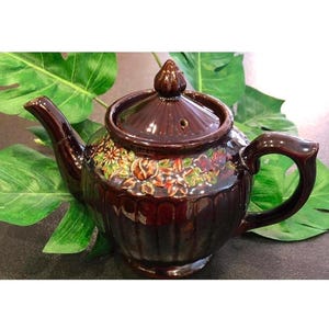 Vintage 1940s Bistro Redware Teapot • Floral Brown Pottery • French Country • Kitchen Decor • Mid Century