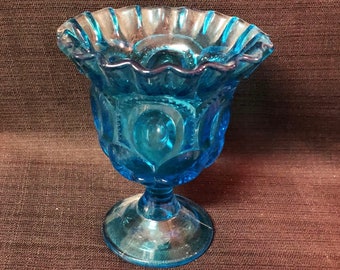 Vintage Moon and Stars Collectible Glass  <> Crimped Top Compote <> Blue <> L.E. Smith <> 1960s Mid Century Modern <> NEAR MINT CONDITION