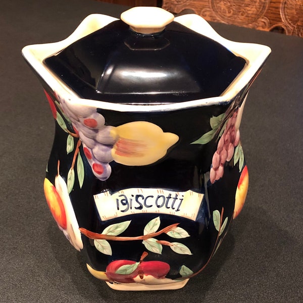 Vintage Nonni’s Hexagon Biscotti Cookie Jar <> Fruit Design <> Hand Painted <> 1970s <> EXCELLENT CONDITION