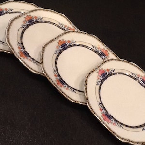 Vintage 1930s Victoria Plates • FOUR Czechoslovakia Plates • 6 1/2&quot; X 6 1/2&quot; • Pink Floral •  22Kt Gold • Mid Century • EXCELLENT CONDITION
