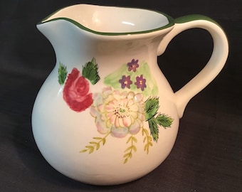 Vintage Hand Painted Ceramic Pitcher <> Floral Design <> Lg. 64 Oz. <> 1970s <> EXCELLENT CONDITION