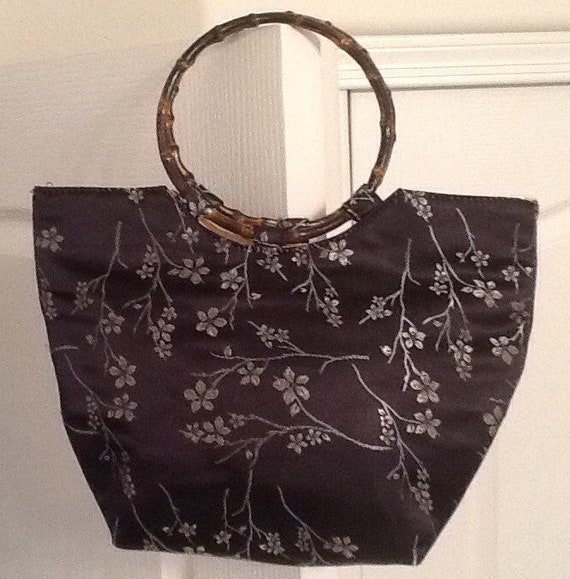Vintage Oriental Purse Handbag <> Black Satin Sil… - image 1