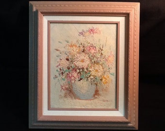 Vintage 1970s Floral Oil Painting • Pink-Cream Flowers • Artist Jenkins • Mid Century • Wall Art Decor