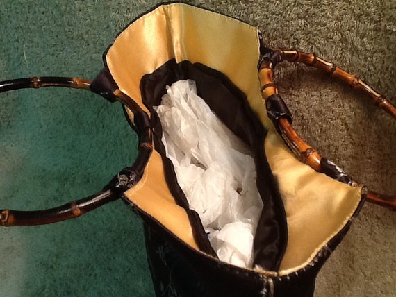 Vintage Oriental Purse Handbag <> Black Satin Sil… - image 5