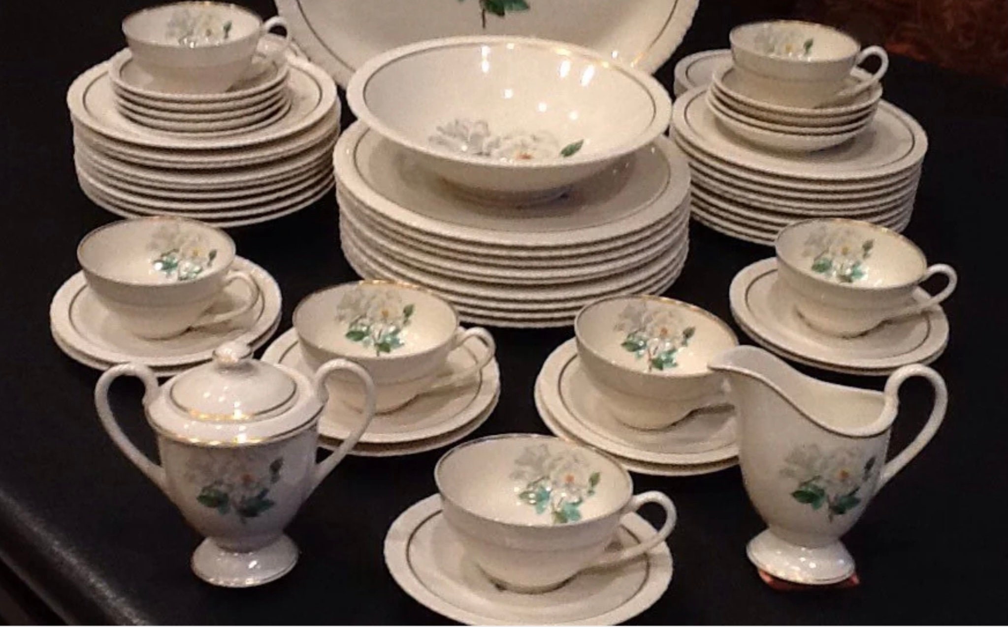 Vintage 1960s Rose Dish Set <> SALE <> 61 Pc. <> Silver Rose